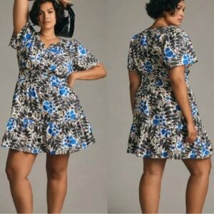 Anthropologie Blue and Black Floral Mini Dress